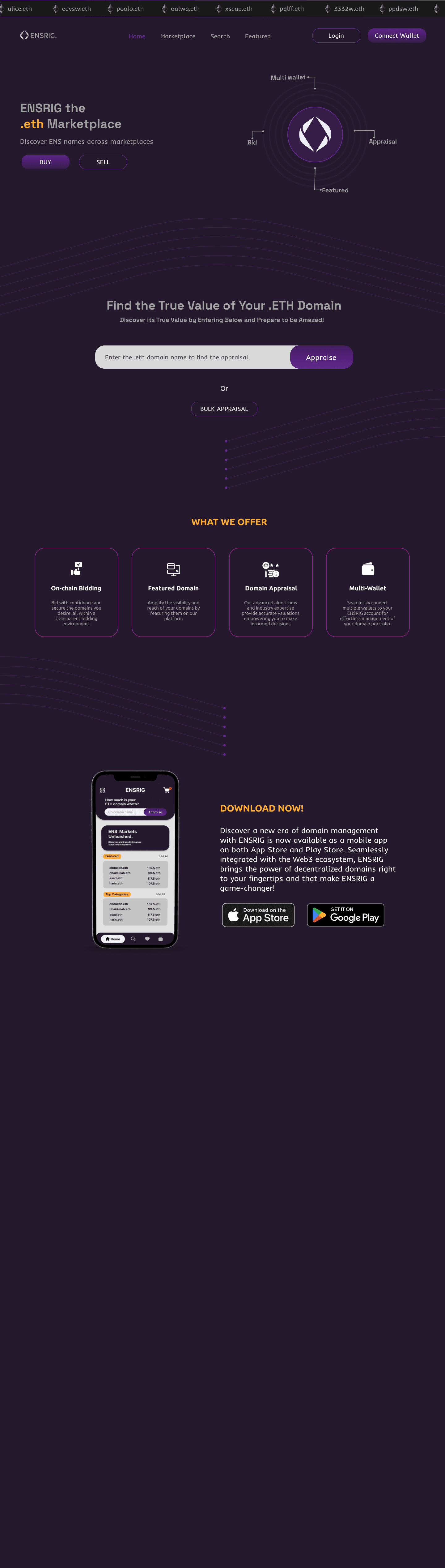 ENSRIG — Ethereum Name Service (ENS) Marketplace with AI-powered domain appraisal. Users can buy, sell, and evaluate ENS domains via a Next.js web app and a Flutter mobile app backed by on-chain data.